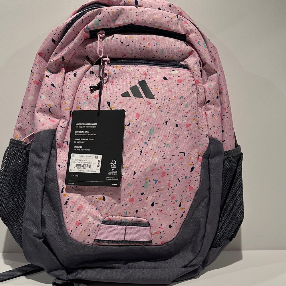 NWT Adidas Pink & Gray Ex-Large Backpack with Four Zippered Compartments.